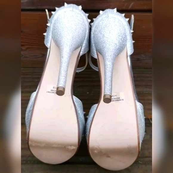 Silver Glitter Studded Spike Heals with Stiletto Platform Metallic Shoes 7/8 - Picture 5 of 6